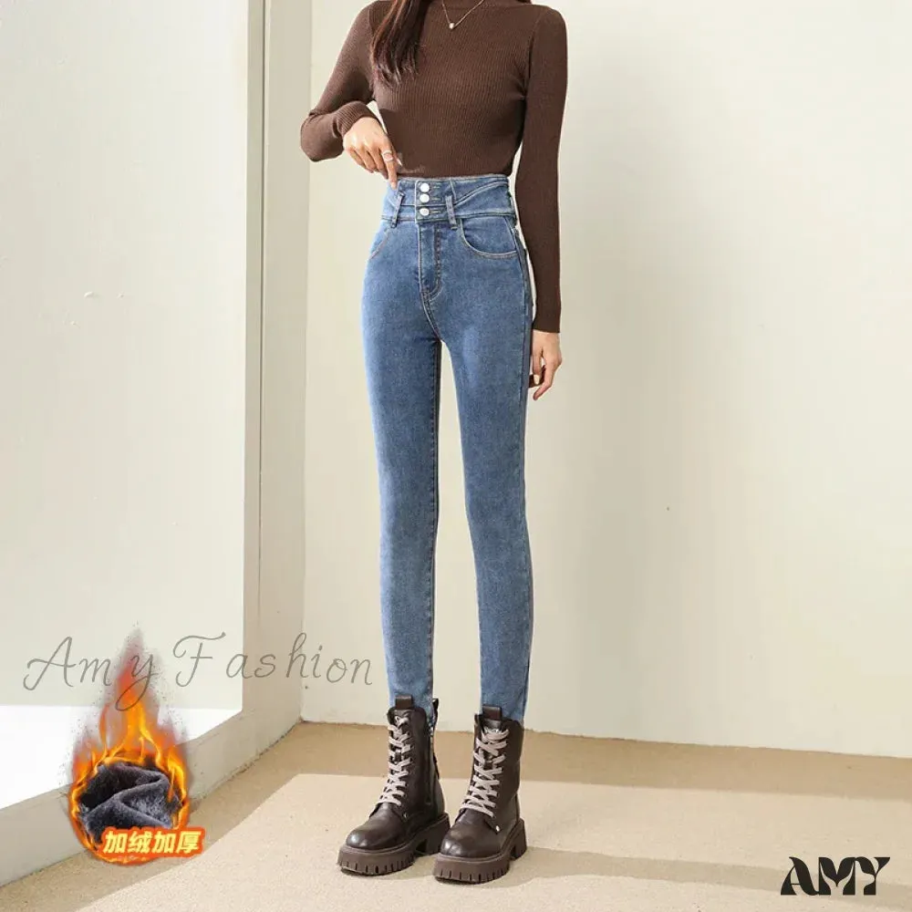 Amy Fashion - Winter Warm Women High Waist Skinny Thick Velvet Casual Lady Denim Pencil Pants Plus Size Fleece Slim Fit Stretch Trousers Jean