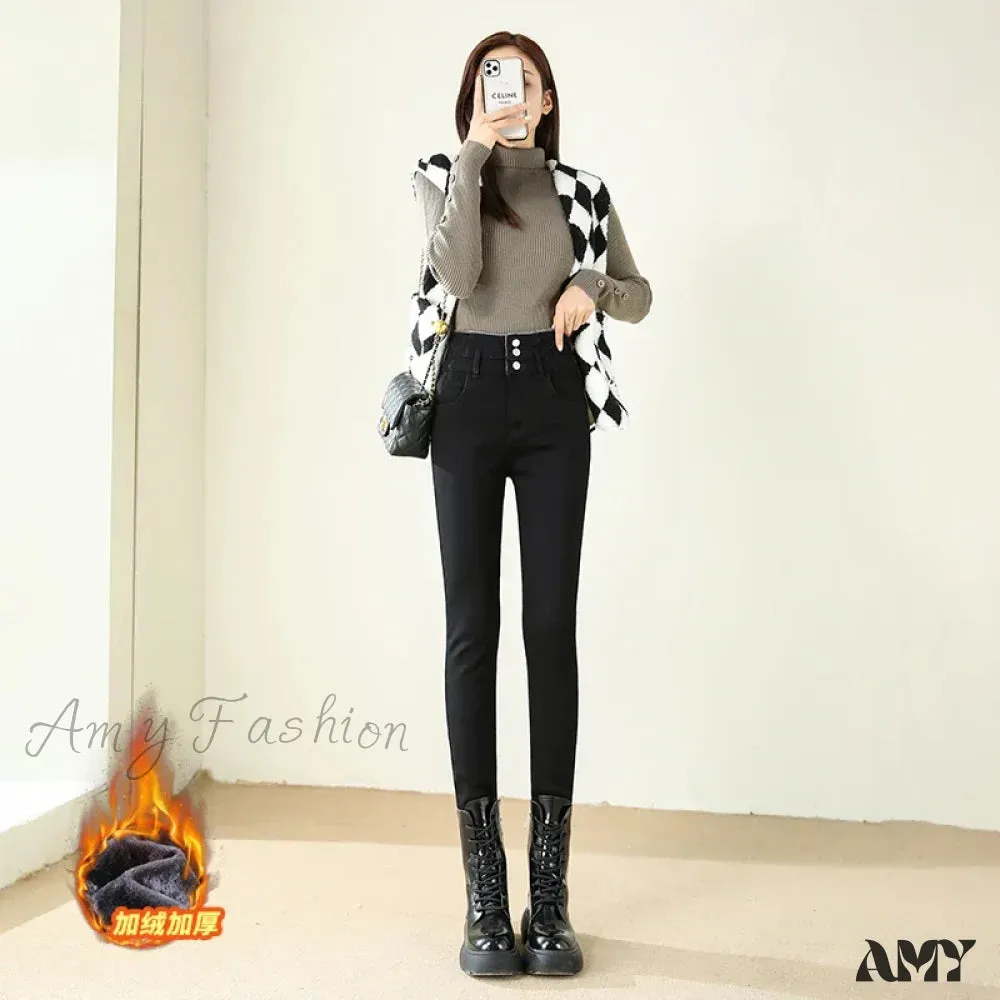 Amy Fashion - Winter Warm Women High Waist Skinny Thick Velvet Casual Lady Denim Pencil Pants Plus Size Fleece Slim Fit Stretch Trousers Jean