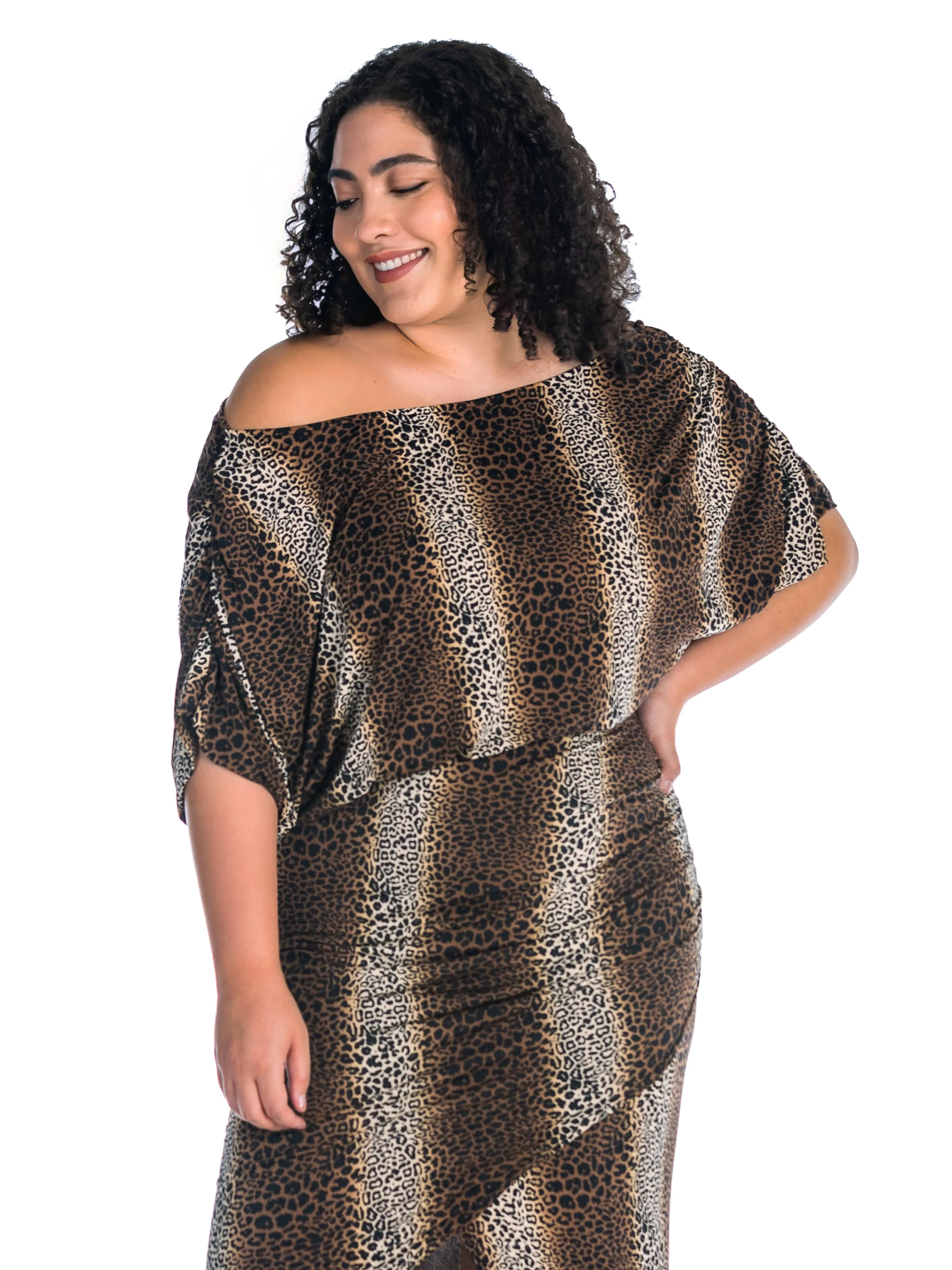 Animal Print Boat Neck Batwing Sleeve Slit Plus Size Maxi Dress