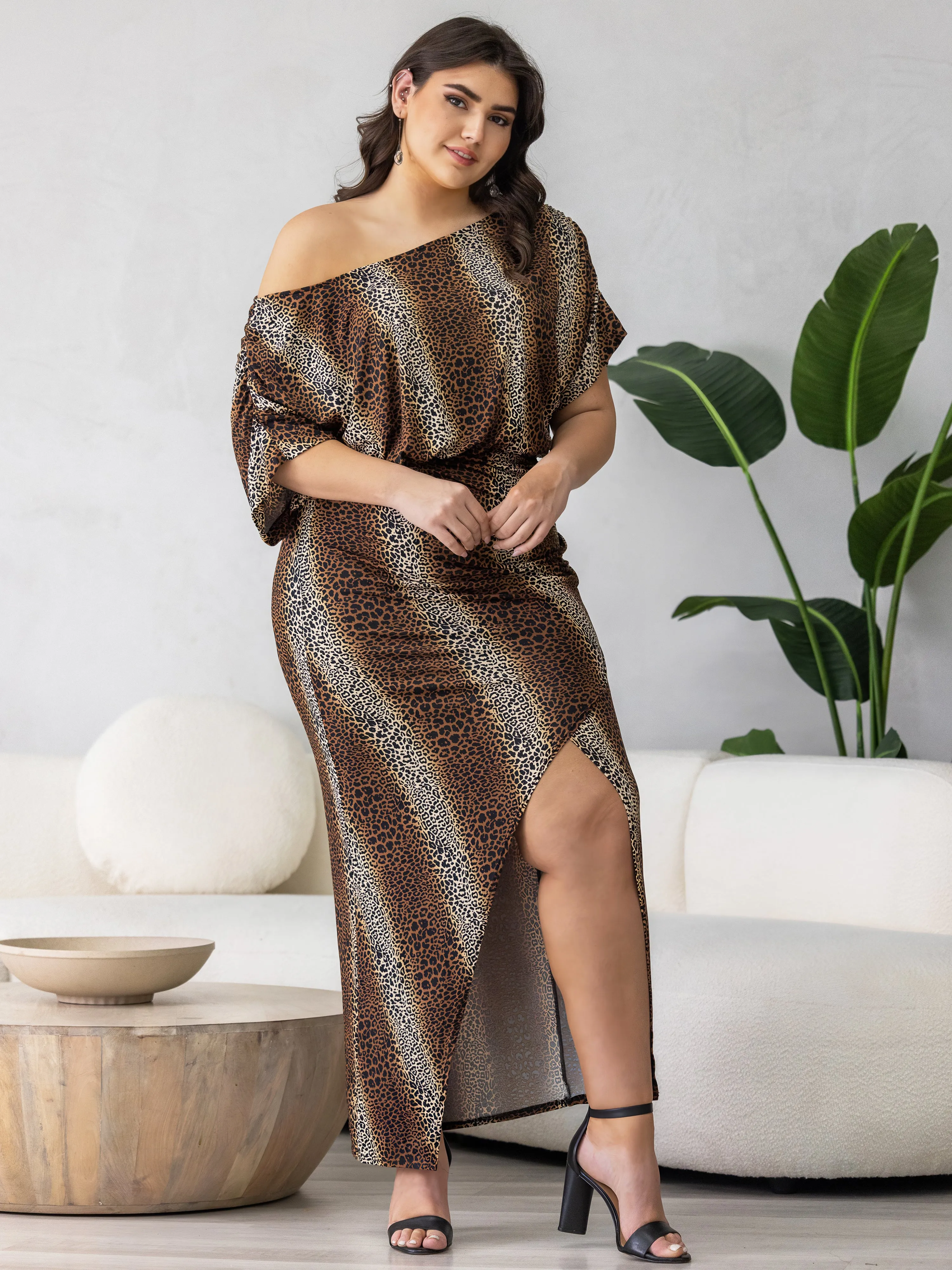 Animal Print Boat Neck Batwing Sleeve Slit Plus Size Maxi Dress