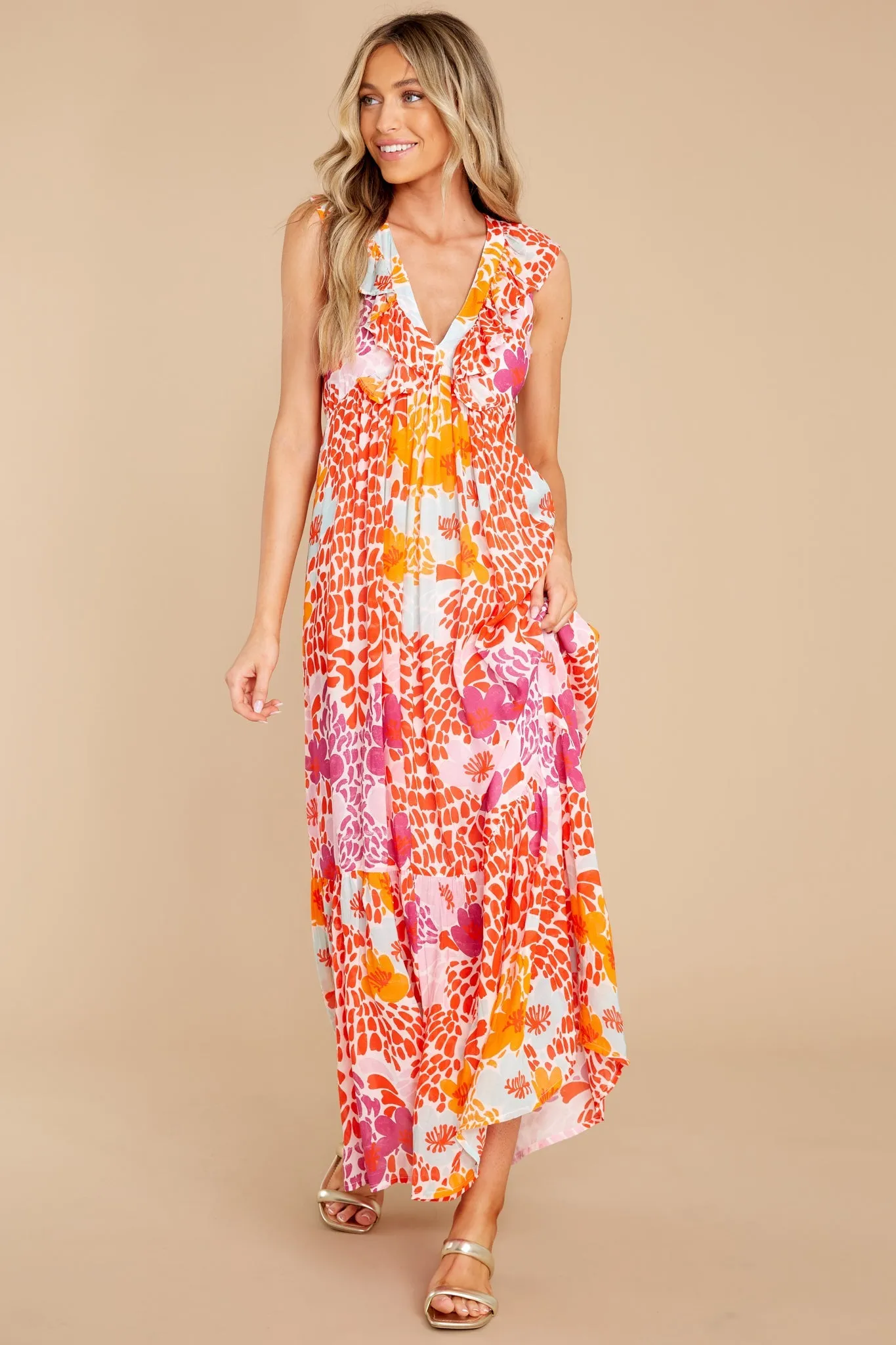 Antigua Orange Ruffle V-Neck Maxi Dress