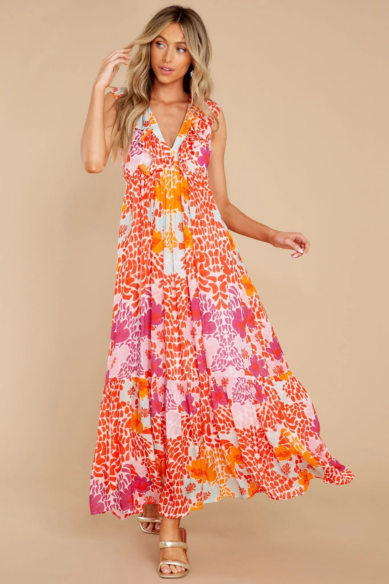 Antigua Orange Ruffle V-Neck Maxi Dress