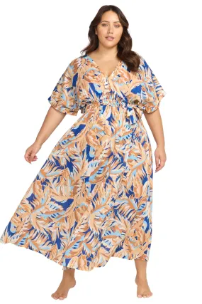 ARTESANDS ARECA CEA VERDI WRAP MAXI DRESS-BLUE/TAN PRINT