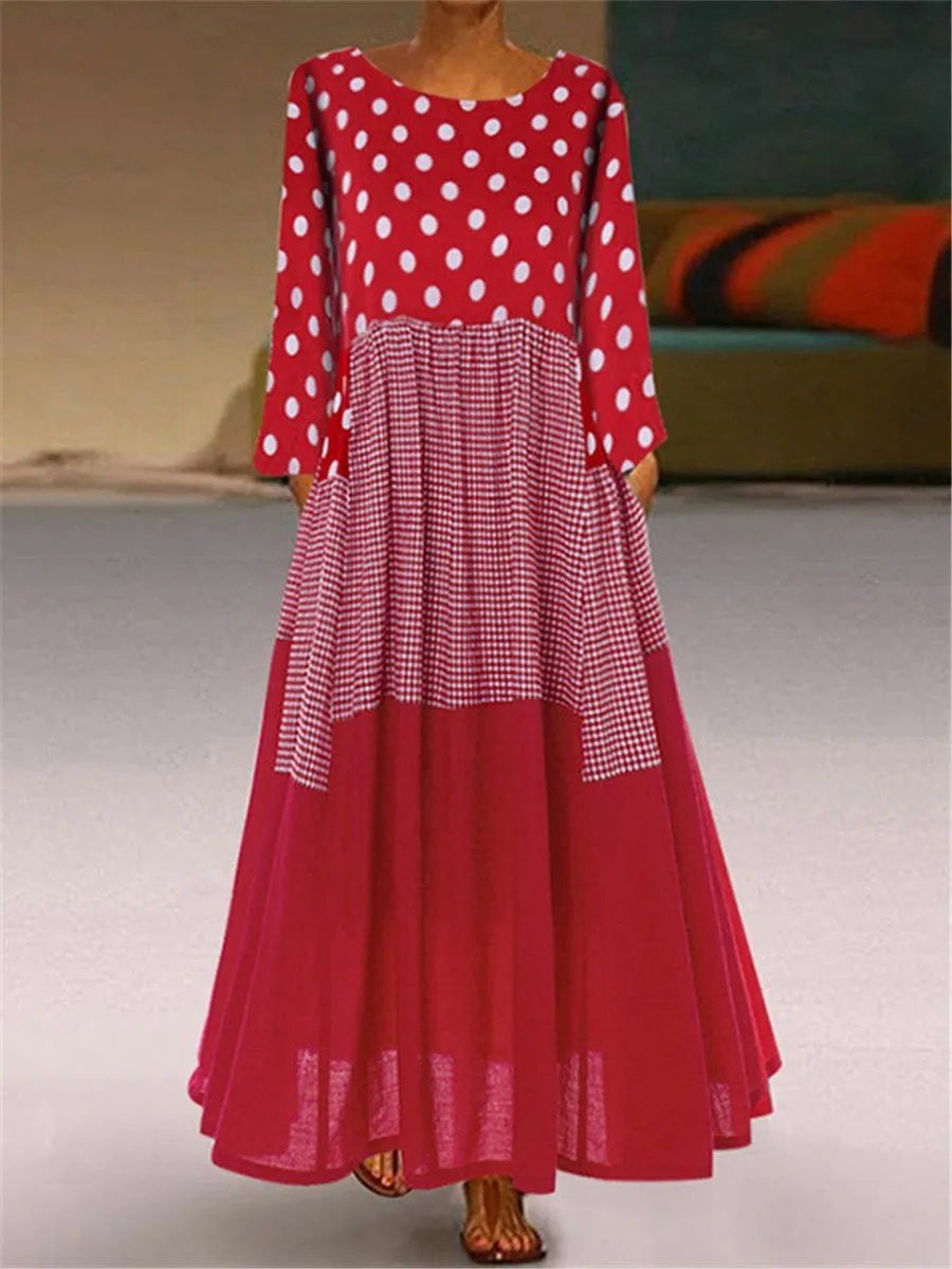 Autumn And Winter Long-Sleeved Polka Dot Stitching Plaid Round Neck Large Swing Dress