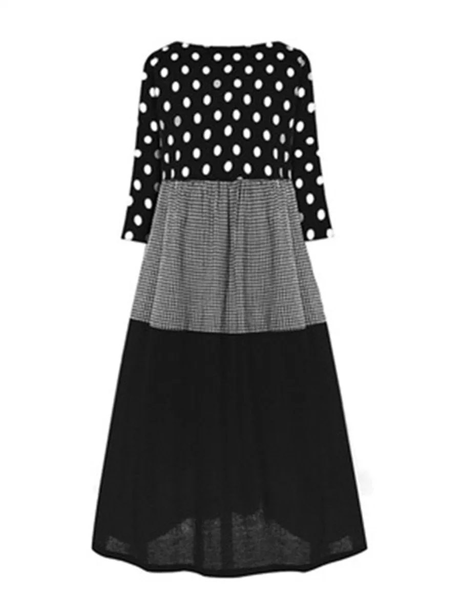 Autumn And Winter Long-Sleeved Polka Dot Stitching Plaid Round Neck Large Swing Dress