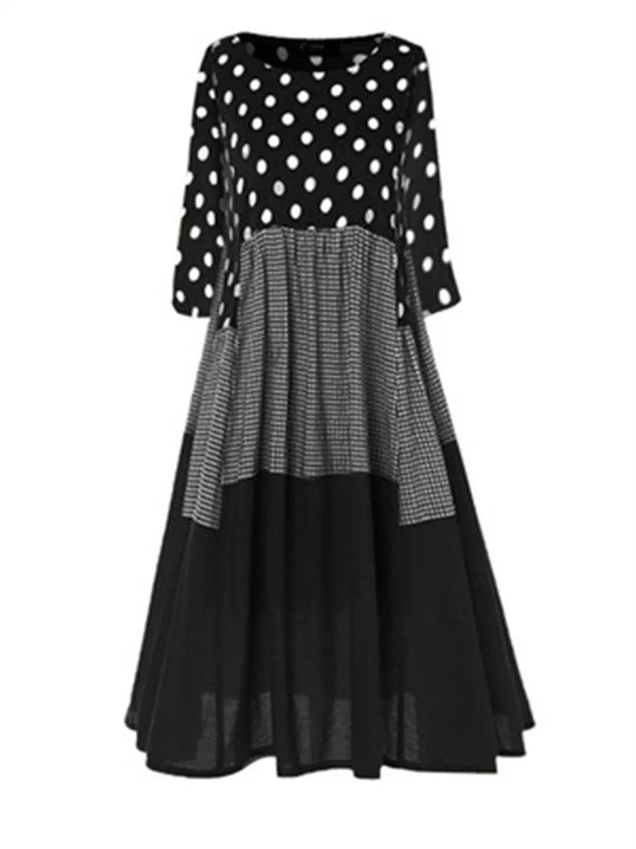 Autumn And Winter Long-Sleeved Polka Dot Stitching Plaid Round Neck Large Swing Dress