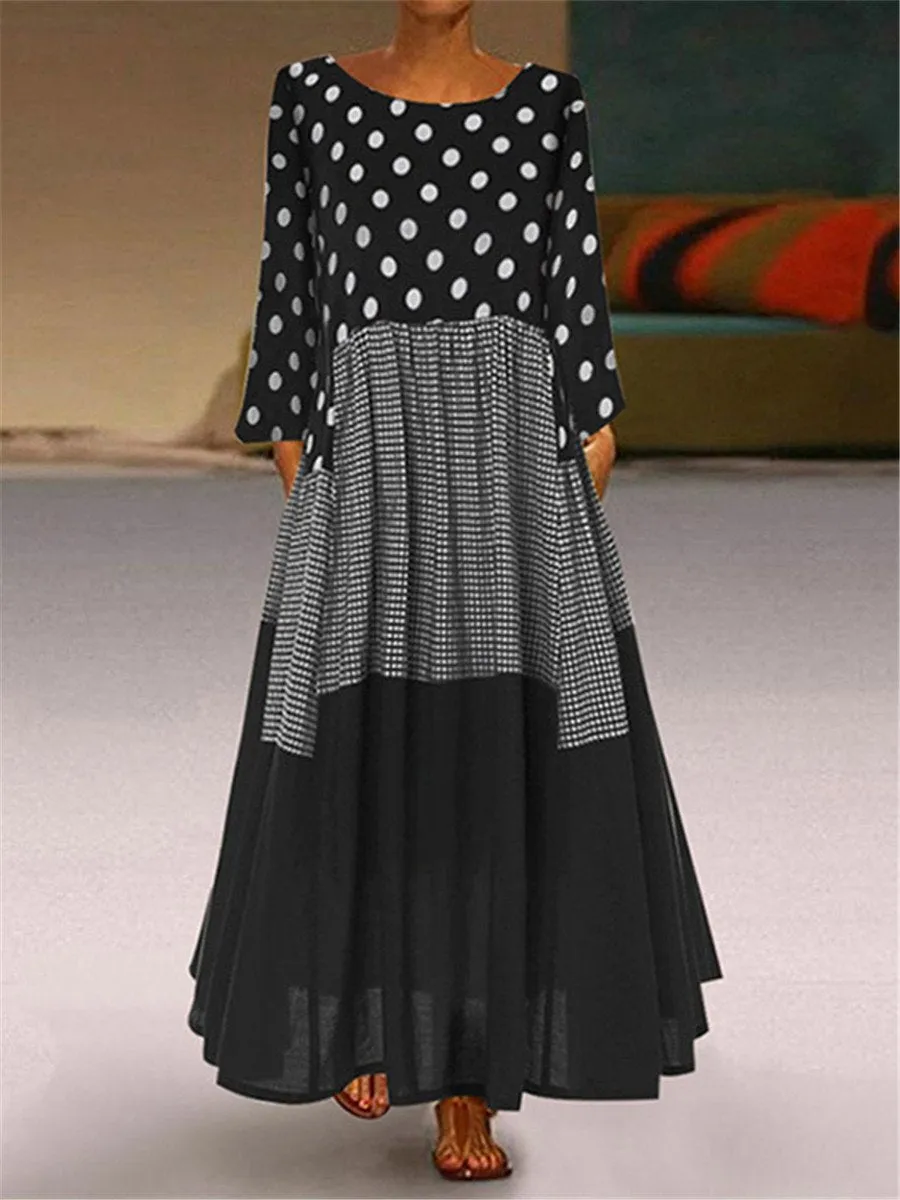 Autumn And Winter Long-Sleeved Polka Dot Stitching Plaid Round Neck Large Swing Dress