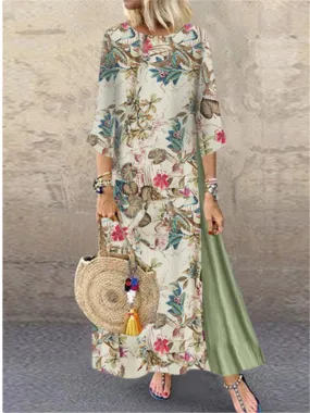 Autumn and Winter Vintage Flower Round Neck Patchwork Dress