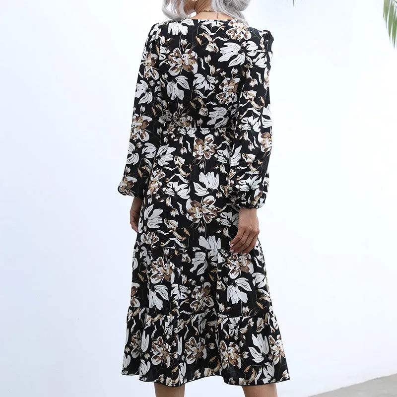 Autumn/winter new womenswear women's print maxi dress V-neck puff sleeve long dress