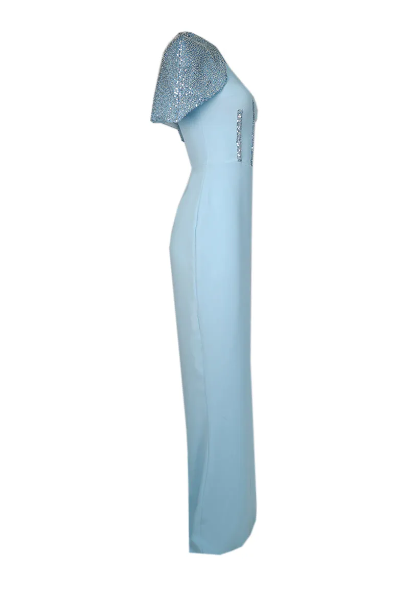 BABY BLUE CORSET DRESS WITH DETACHABLE EMBROIDERED CAPE