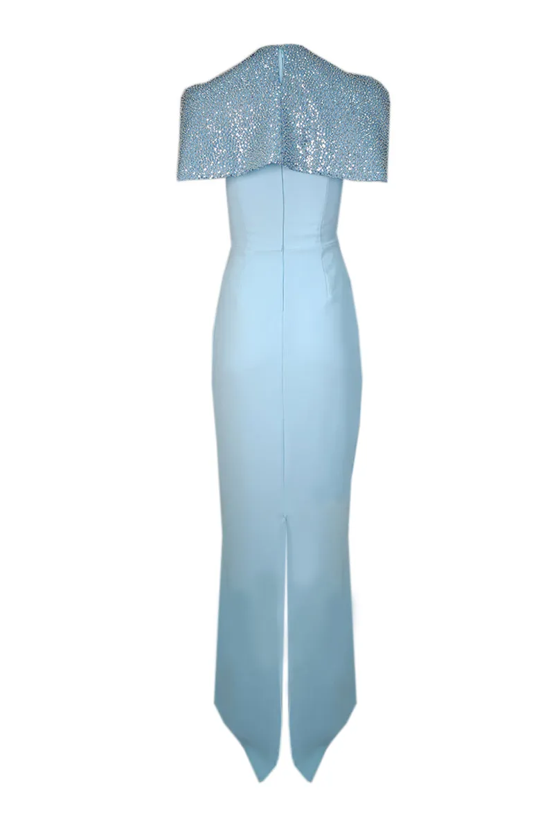 BABY BLUE CORSET DRESS WITH DETACHABLE EMBROIDERED CAPE