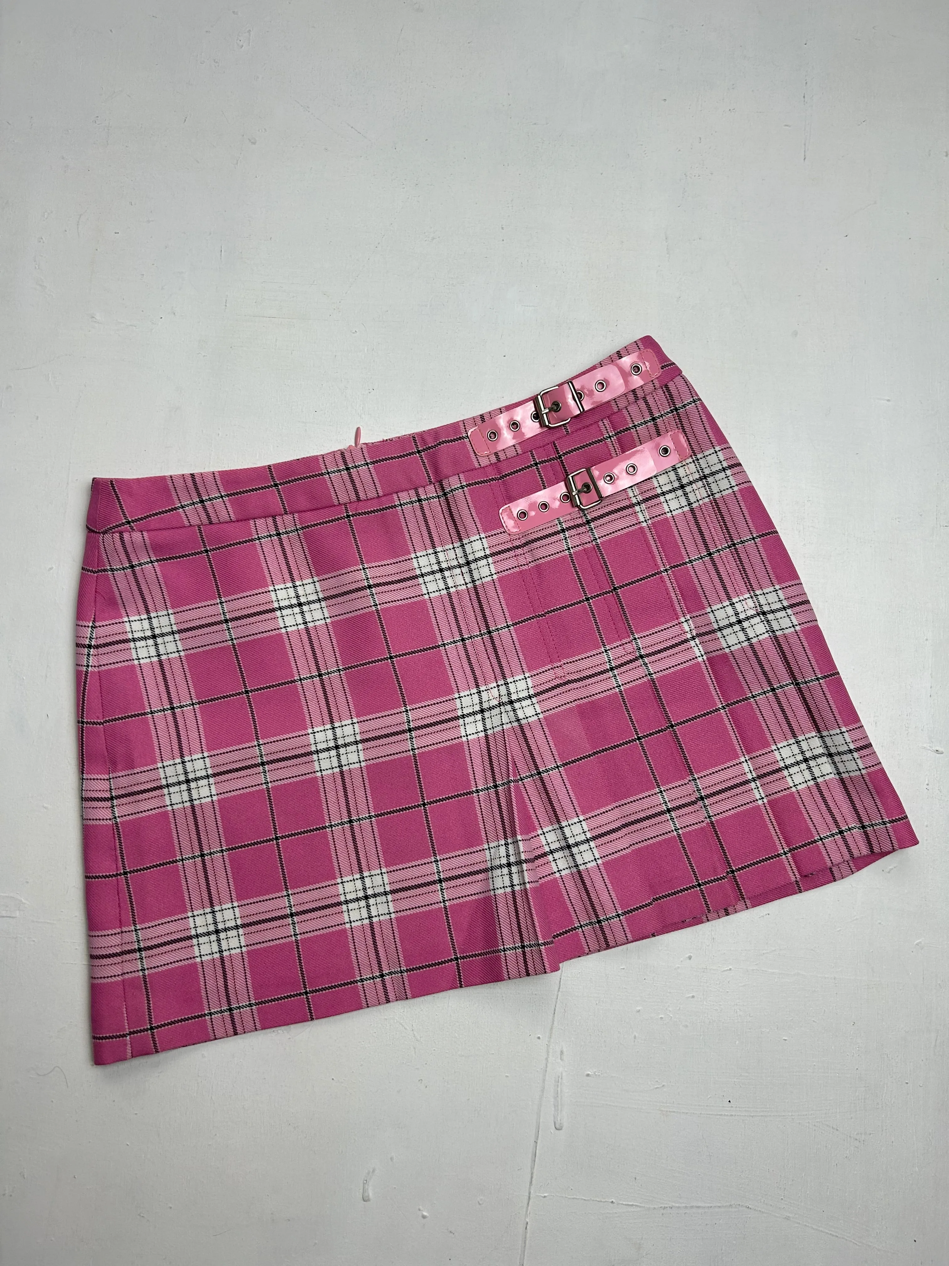 Baby pink check print belt low rise pleated mini skirt (S)