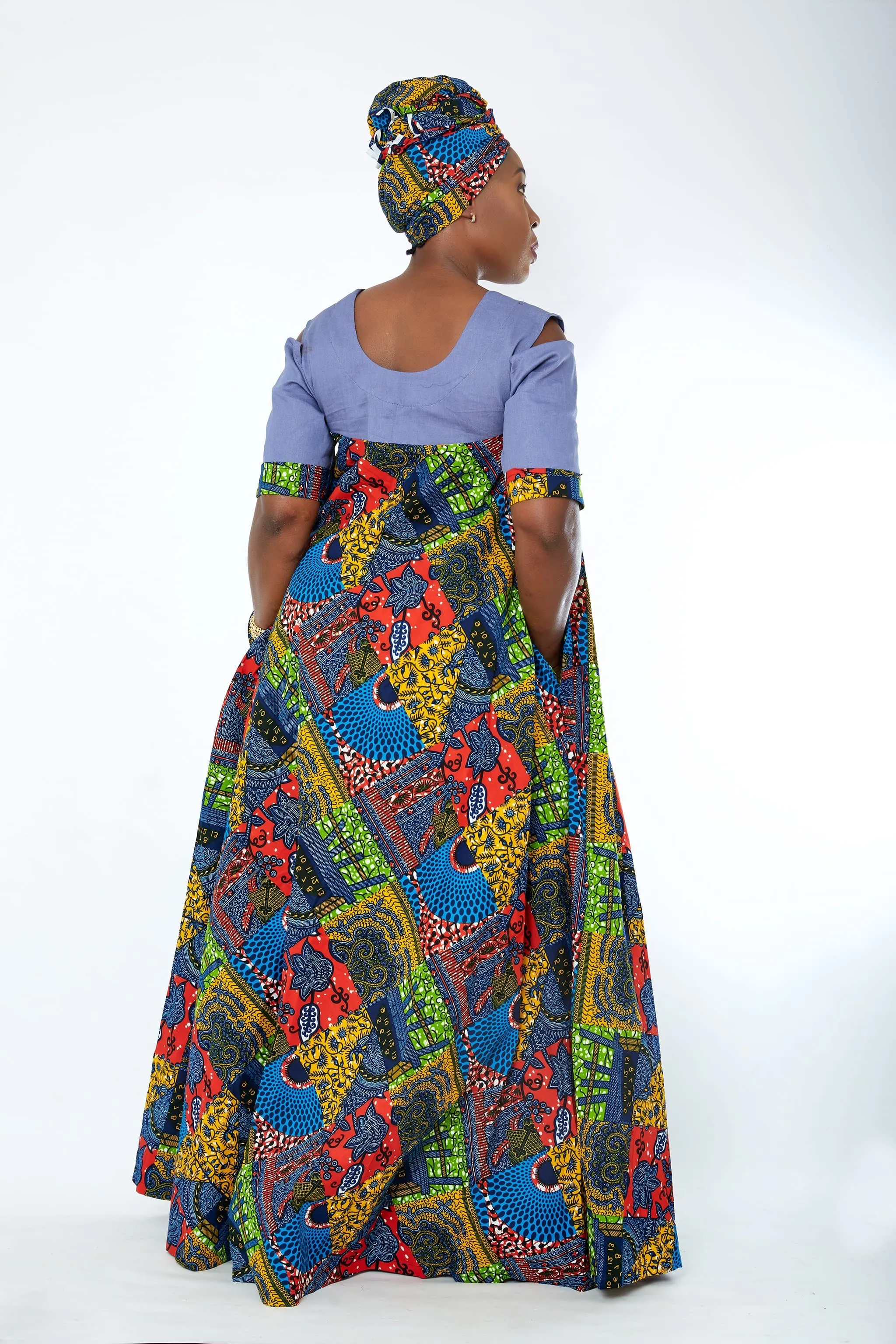 BACK IN STOCK: Obiageli African Print Denim Combo Maxi Dress