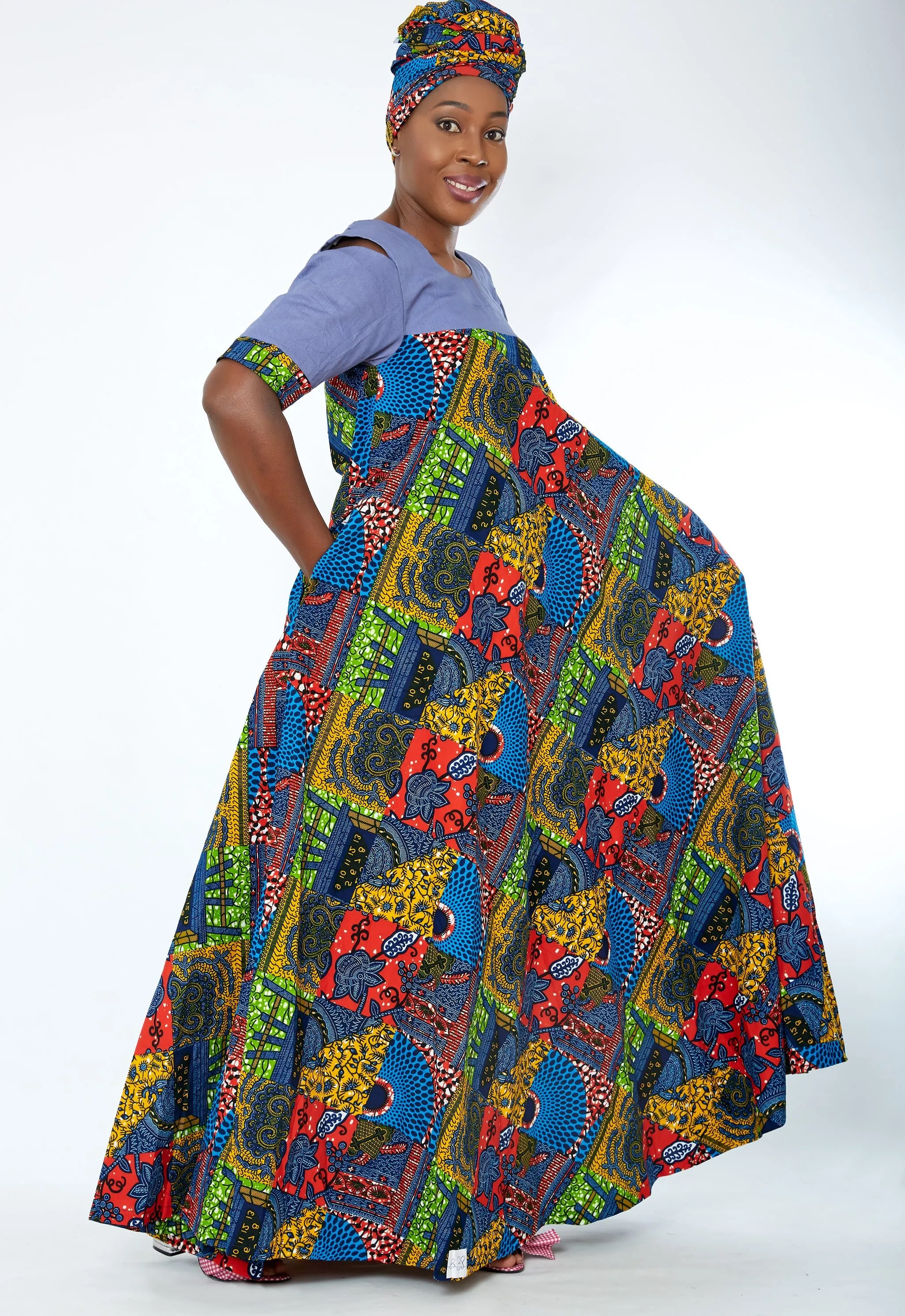 BACK IN STOCK: Obiageli African Print Denim Combo Maxi Dress