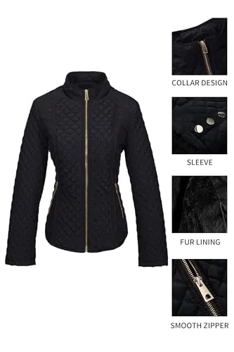 Bellivera Women's Stand Collar Lightweight Quilted Puffer Jacket Padded Zip Coat for Fall and Winter 15003 White L