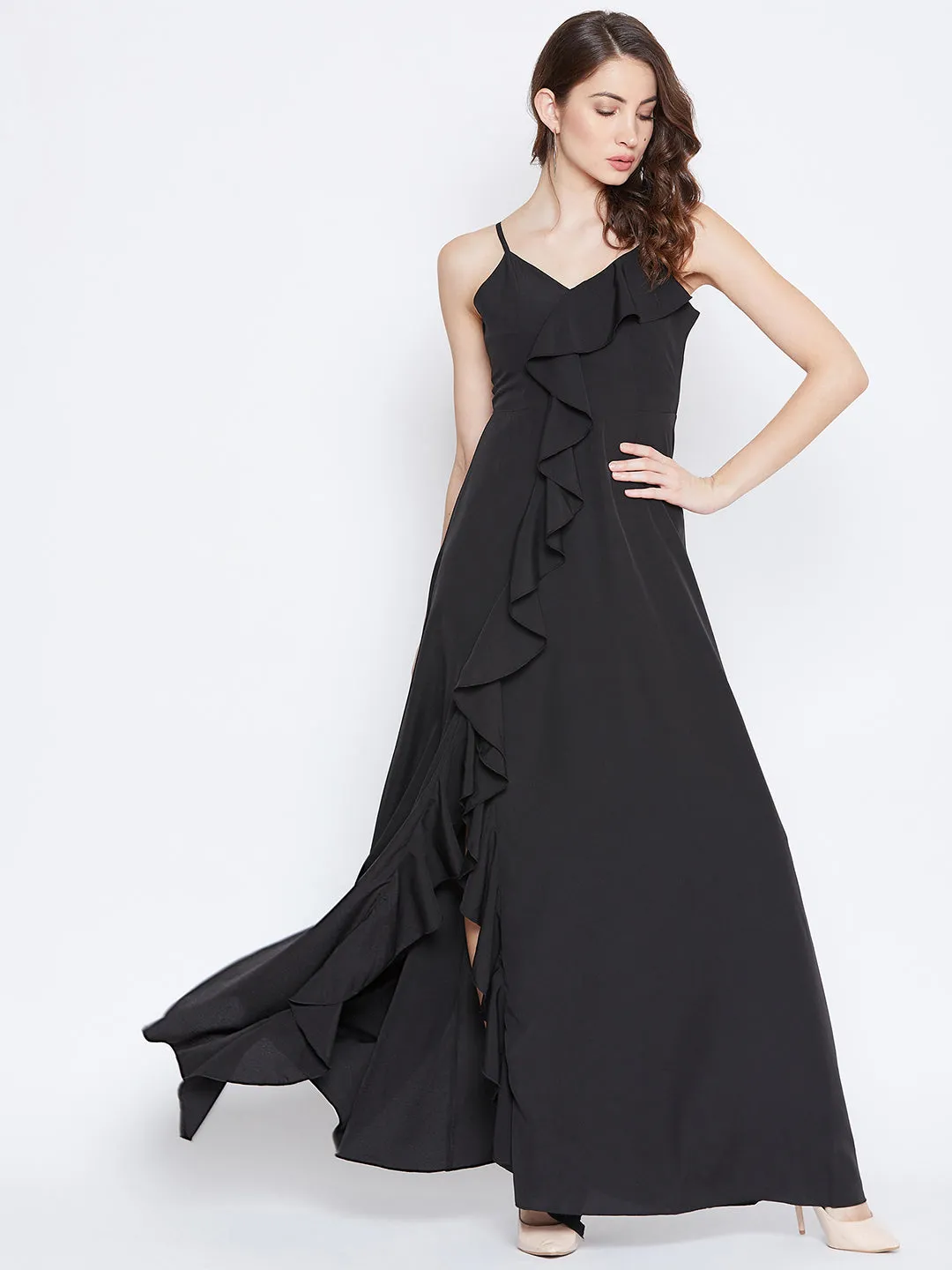 Berrylush Women Solid Black V-Neck Sleeveless Crepe Ruffled Maxi Dress