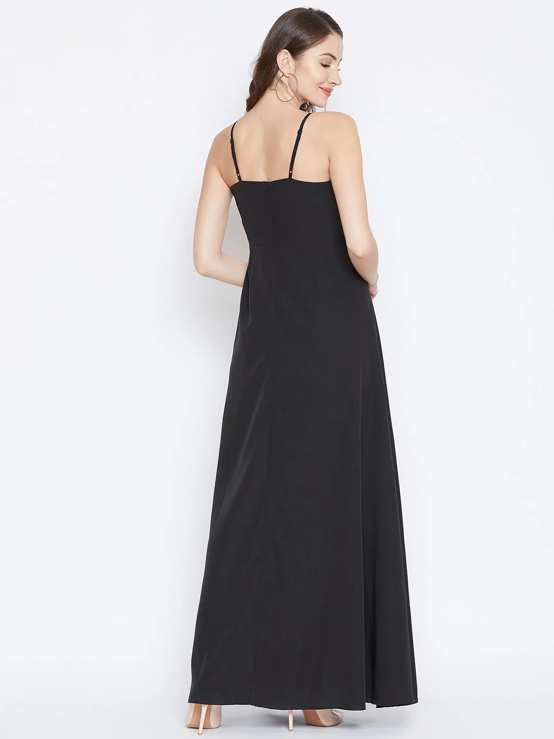 Berrylush Women Solid Black V-Neck Sleeveless Crepe Ruffled Maxi Dress