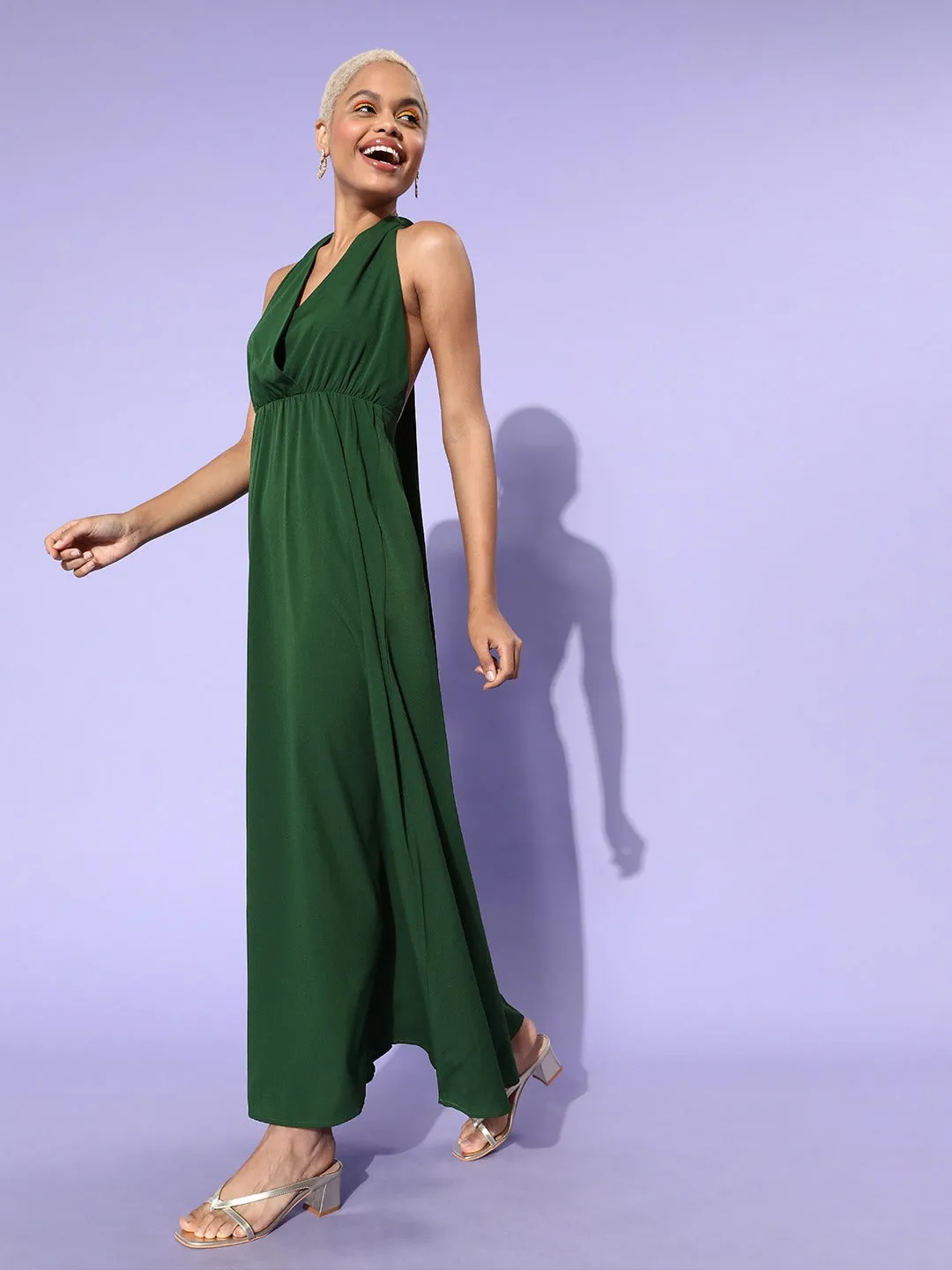 Berrylush Women Solid Green Halter Neck Sleeveless Crepe Maxi Dress