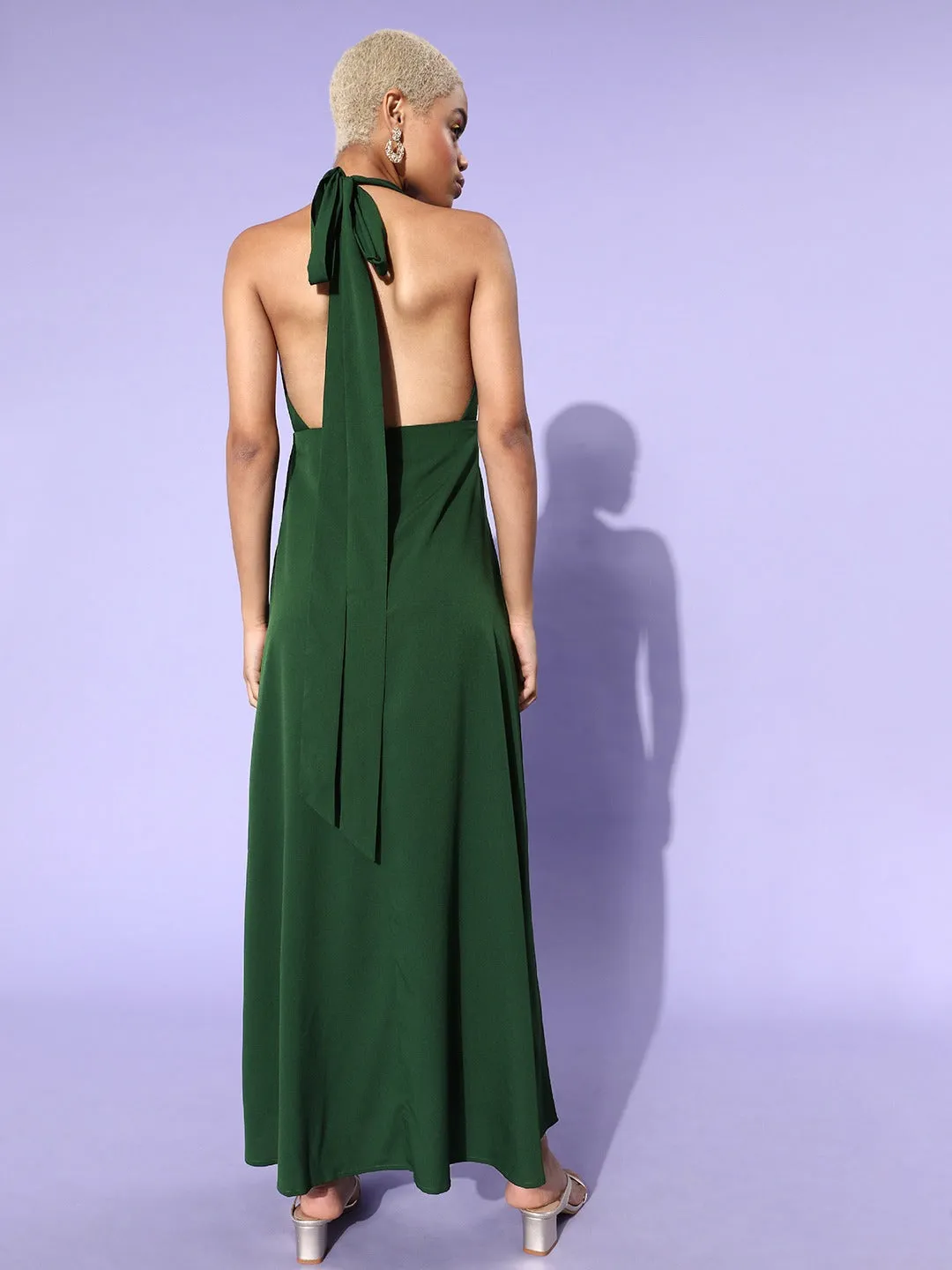 Berrylush Women Solid Green Halter Neck Sleeveless Crepe Maxi Dress