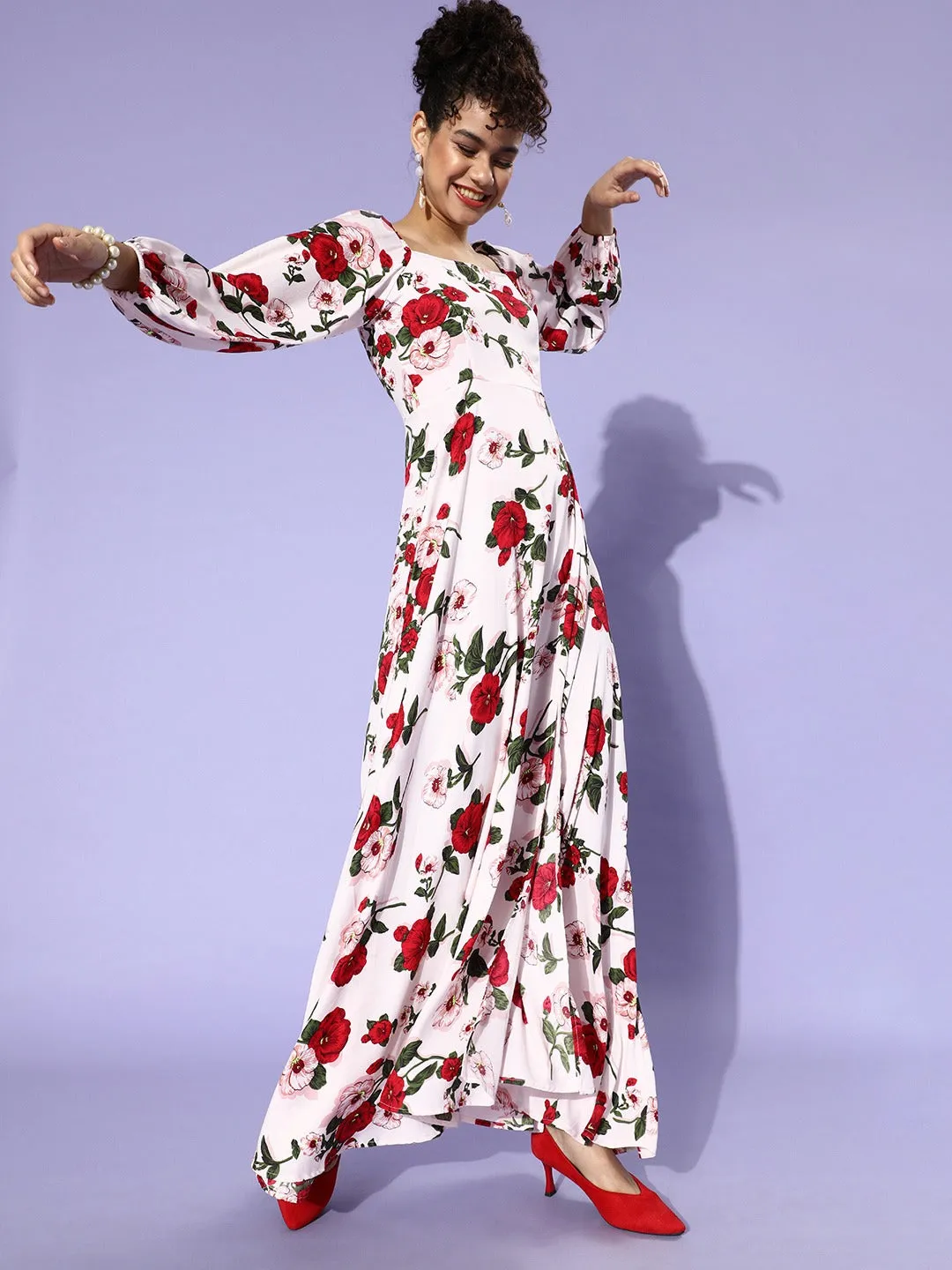 Berrylush Women White Floral Printed Square-Neck Puff Sleeves Maxi Dress