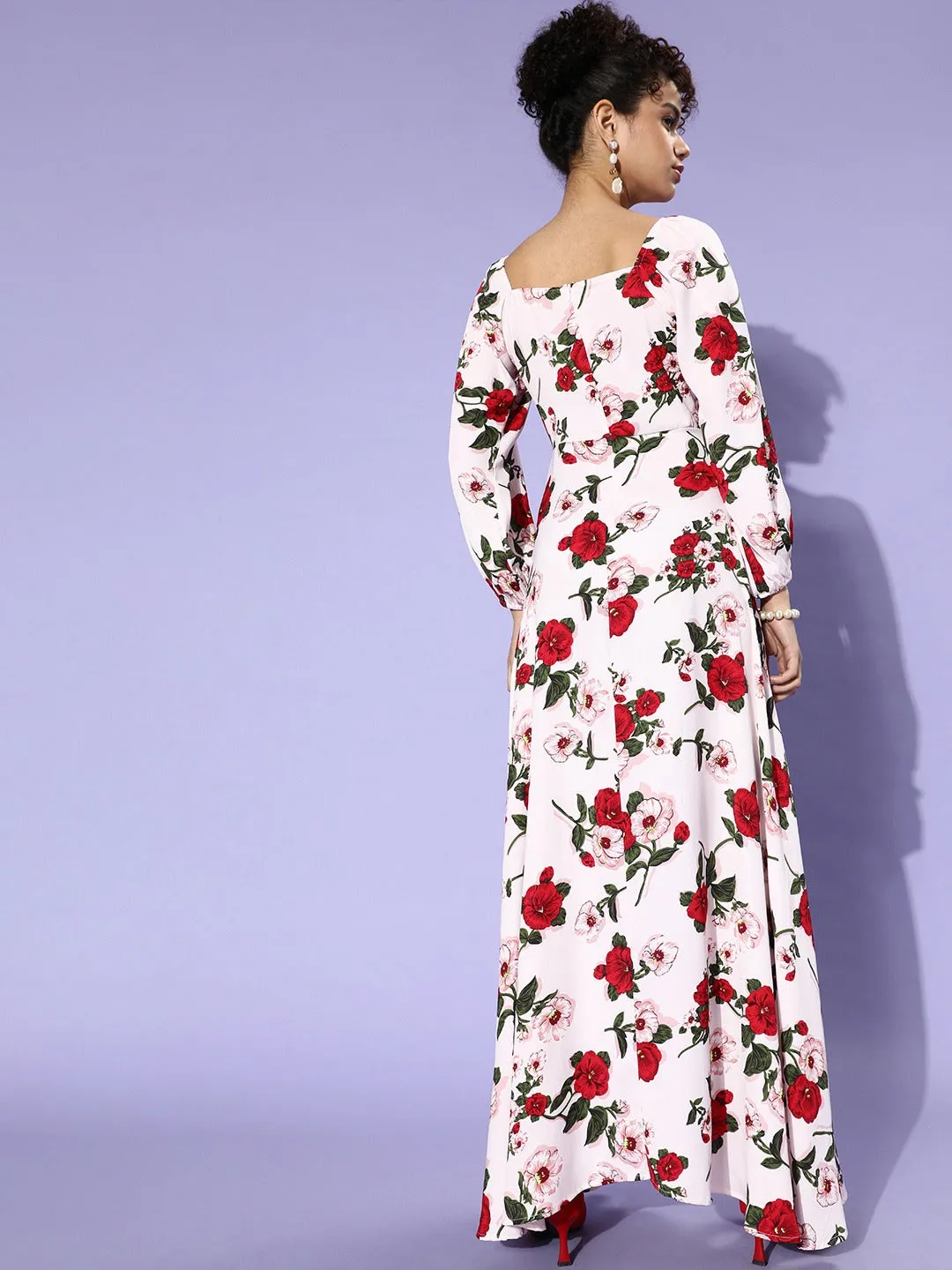 Berrylush Women White Floral Printed Square-Neck Puff Sleeves Maxi Dress