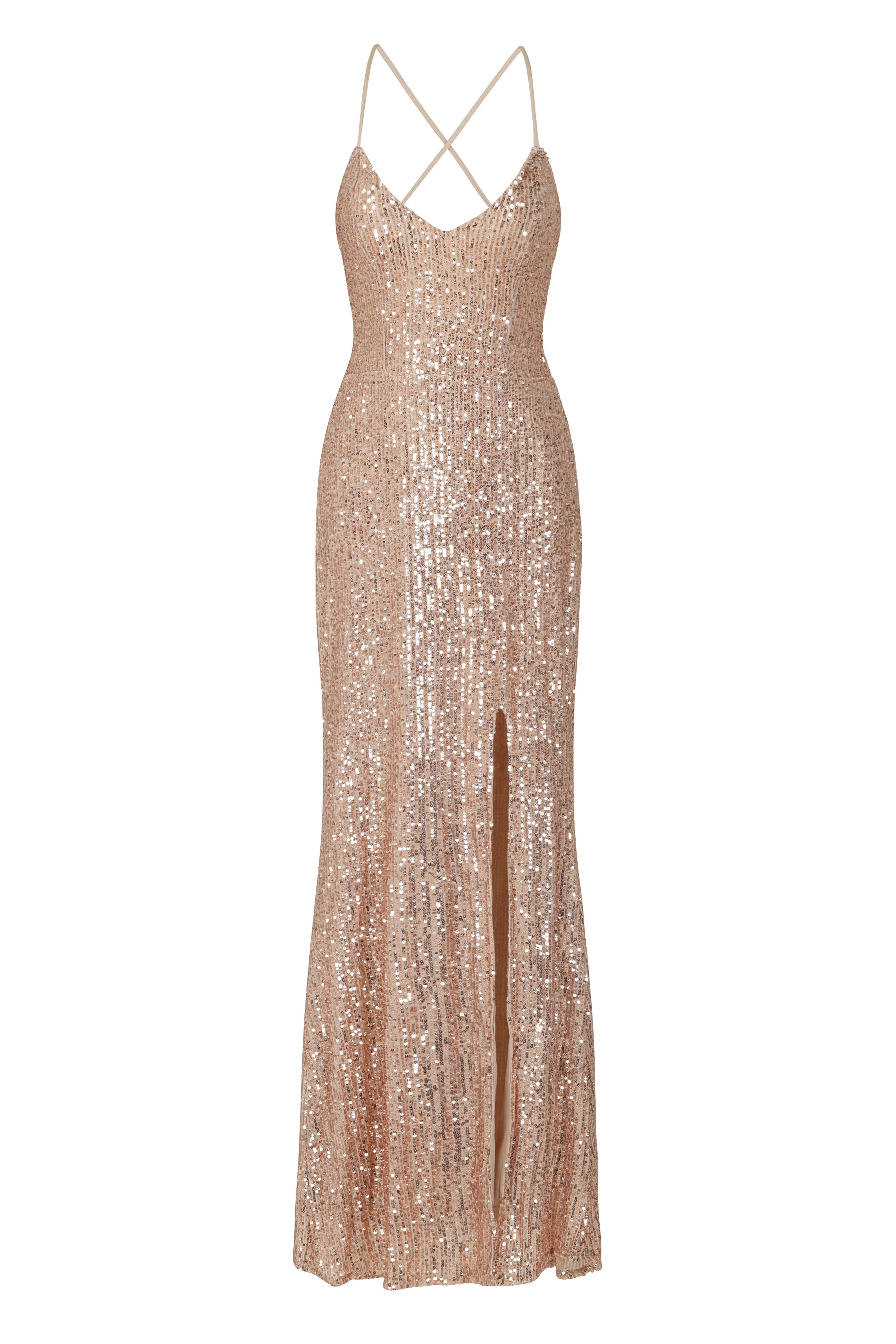 Big Dreams Rose Gold Tie Back Sequin Plunge Slit Maxi Dress