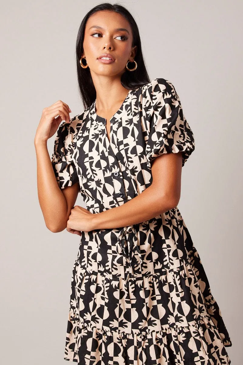 Black Abstract Fit And Flare Dress Puff Sleeve Mini