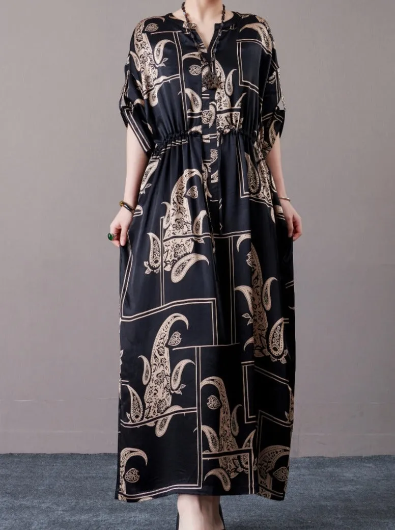 Black and Beige Paisley Print Maxi Dress