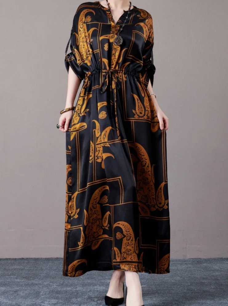 Black and Beige Paisley Print Maxi Dress