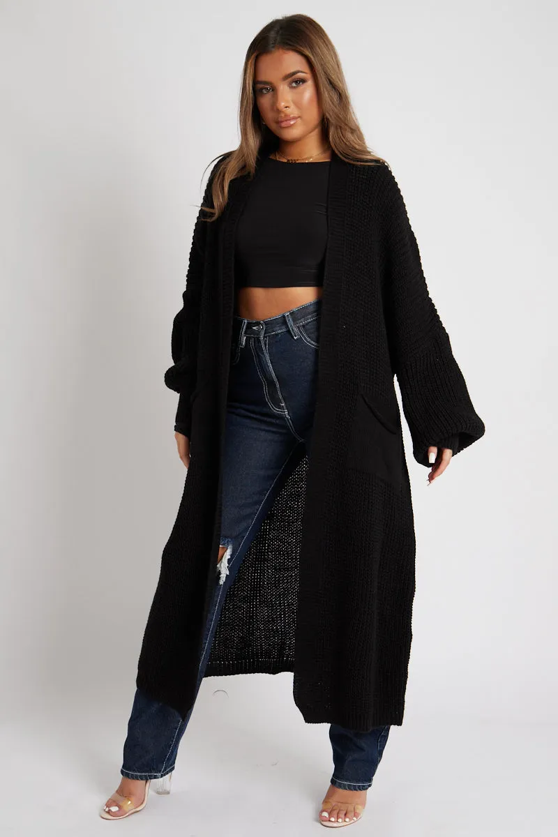 Black Balloon Sleeve Maxi Knit Cardigan - Imara