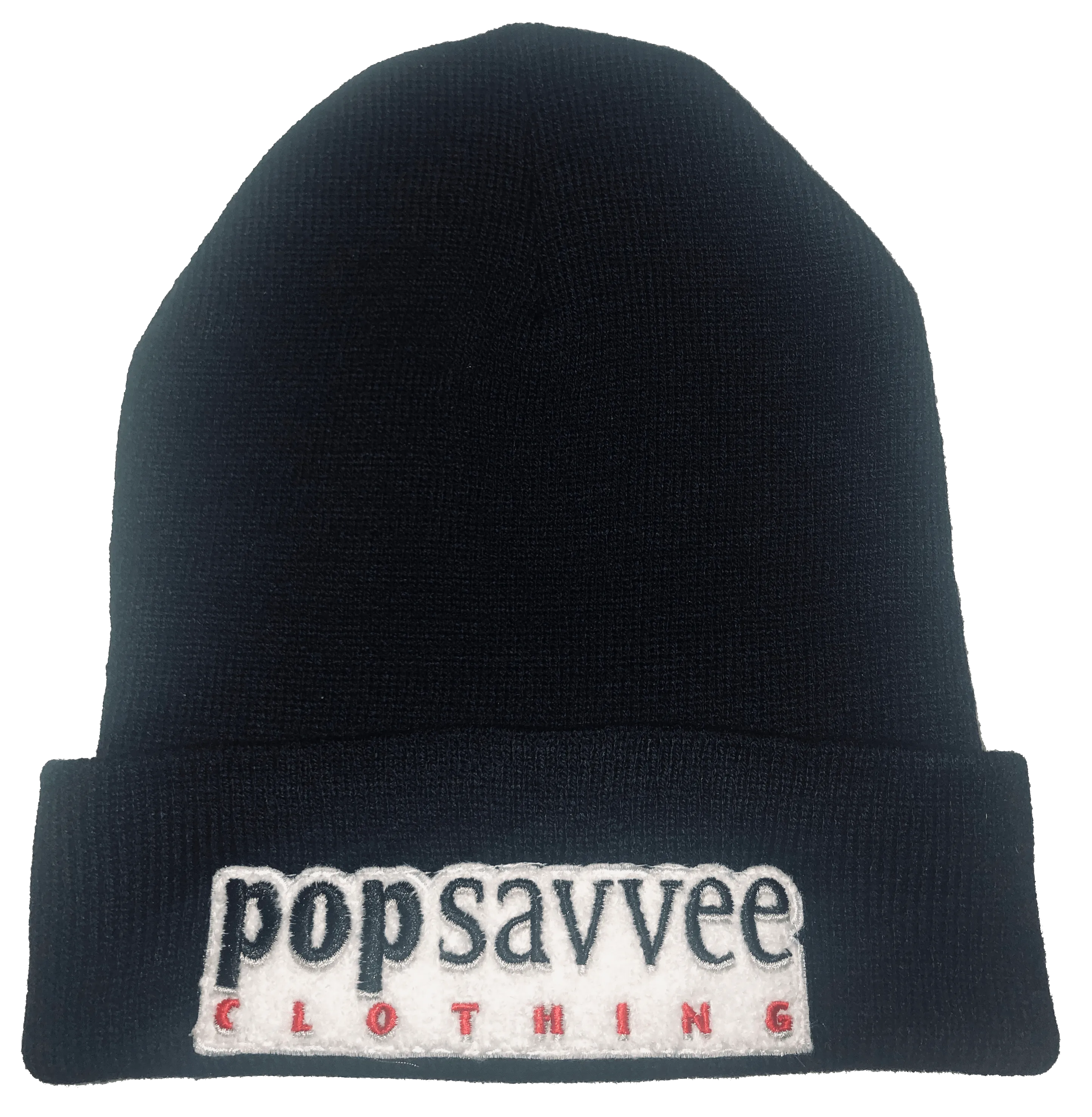 Black Beanie Hat - “Pop Savvee Clothing” Chenille Embroidery Patches