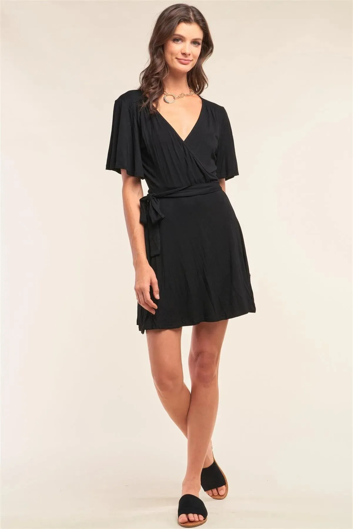 Black Deep Plunge V-Neck Self-Tie Wrap Flare Sleeve Mini Dress /1-2-2-1