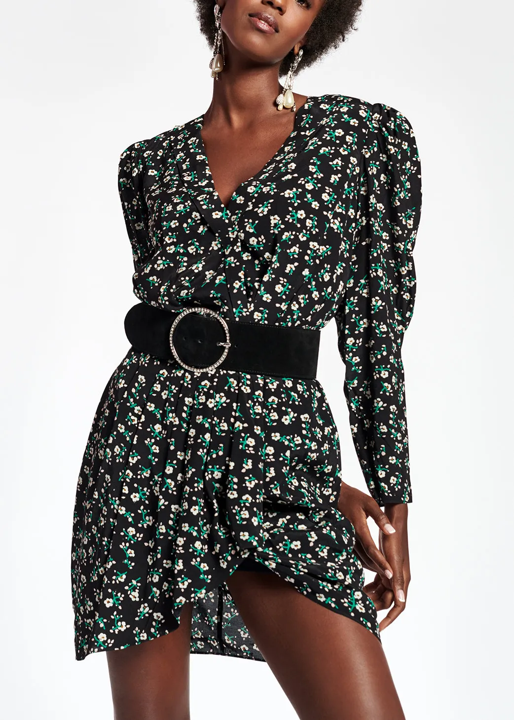 Black floral mini wrap dress