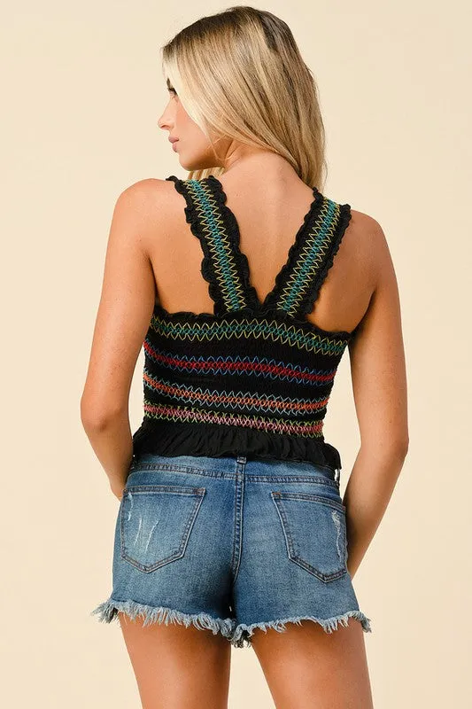 Black Multi Colored Smocked Crop Top