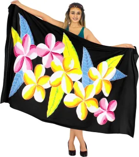 Black Non-Sheer Hand Painted Prumeria Flower Beach Wrap For Women