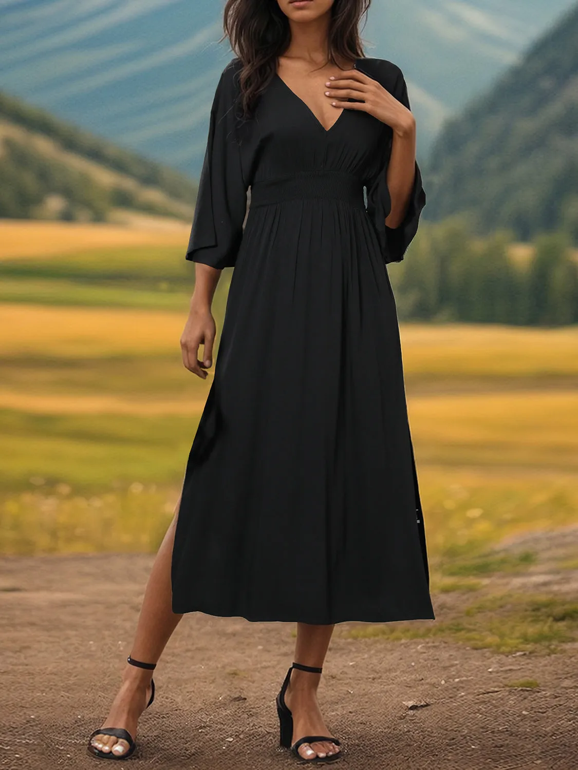 Black Slit V-Neck Long Sleeve Midi Dress