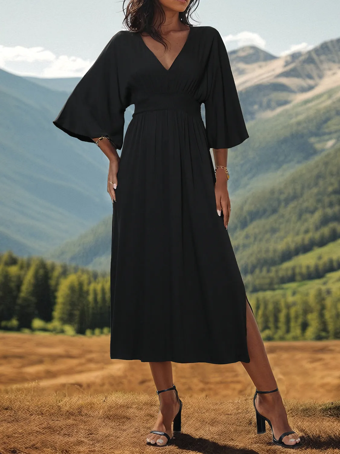 Black Slit V-Neck Long Sleeve Midi Dress