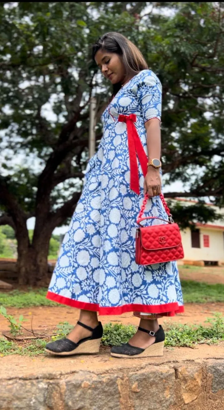 Blue & white floral printed cotton maxi dress