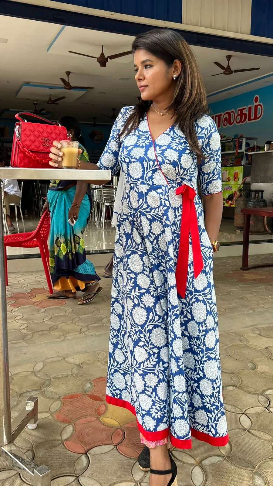 Blue & white floral printed cotton maxi dress