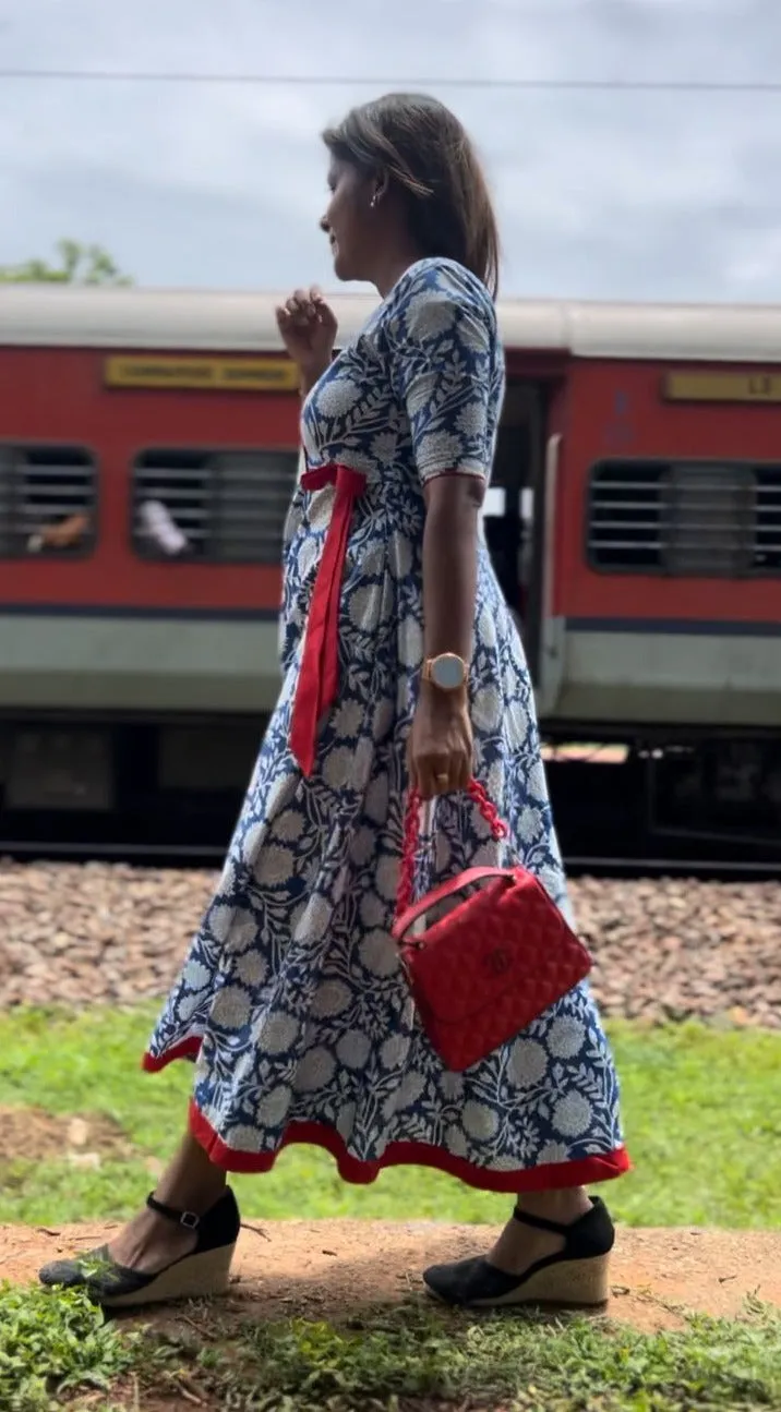 Blue & white floral printed cotton maxi dress