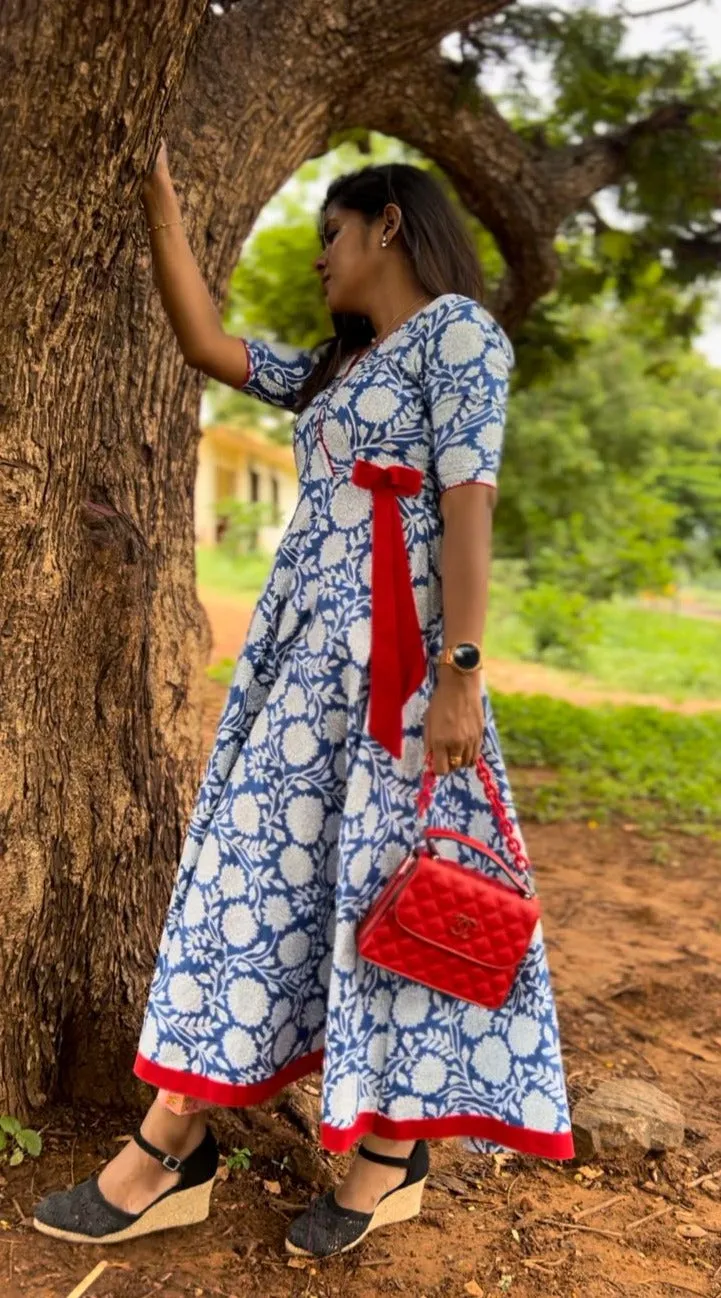 Blue & white floral printed cotton maxi dress