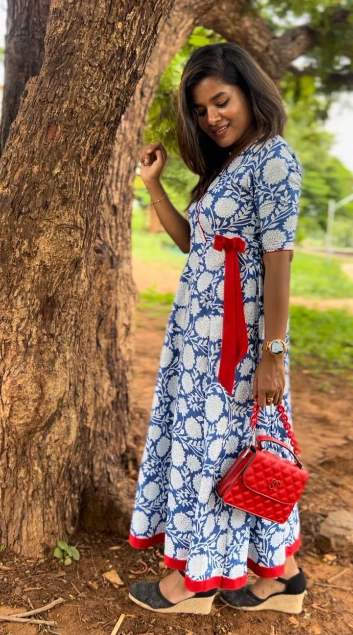 Blue & white floral printed cotton maxi dress