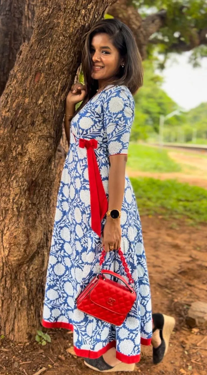 Blue & white floral printed cotton maxi dress