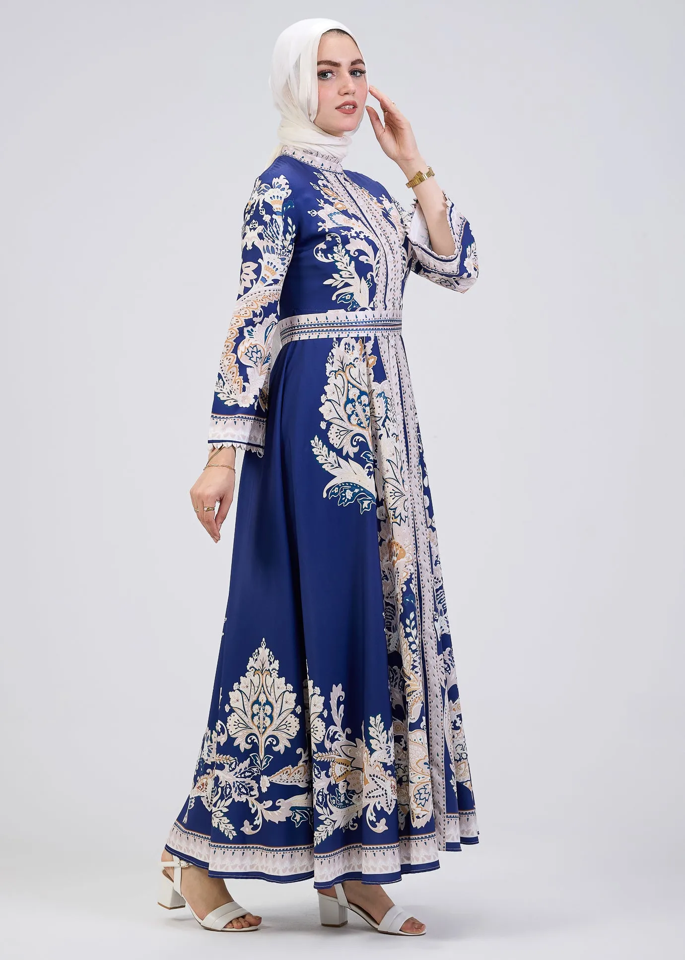 Blue Garden Women's Casual Spring Summer Boho Floral Print Dress High Neck Long Sleeve High Waist Belt Long Maxi