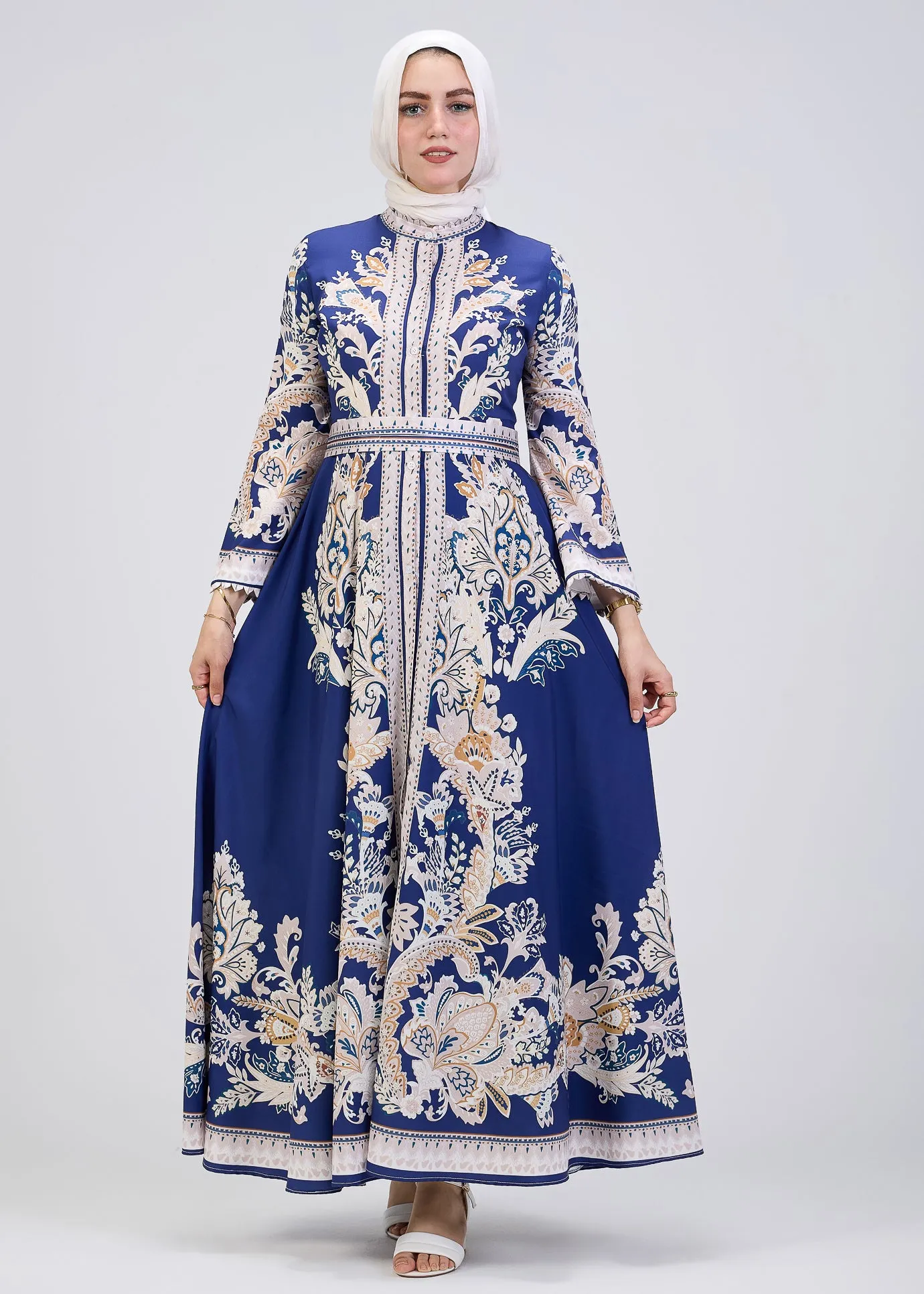 Blue Garden Women's Casual Spring Summer Boho Floral Print Dress High Neck Long Sleeve High Waist Belt Long Maxi