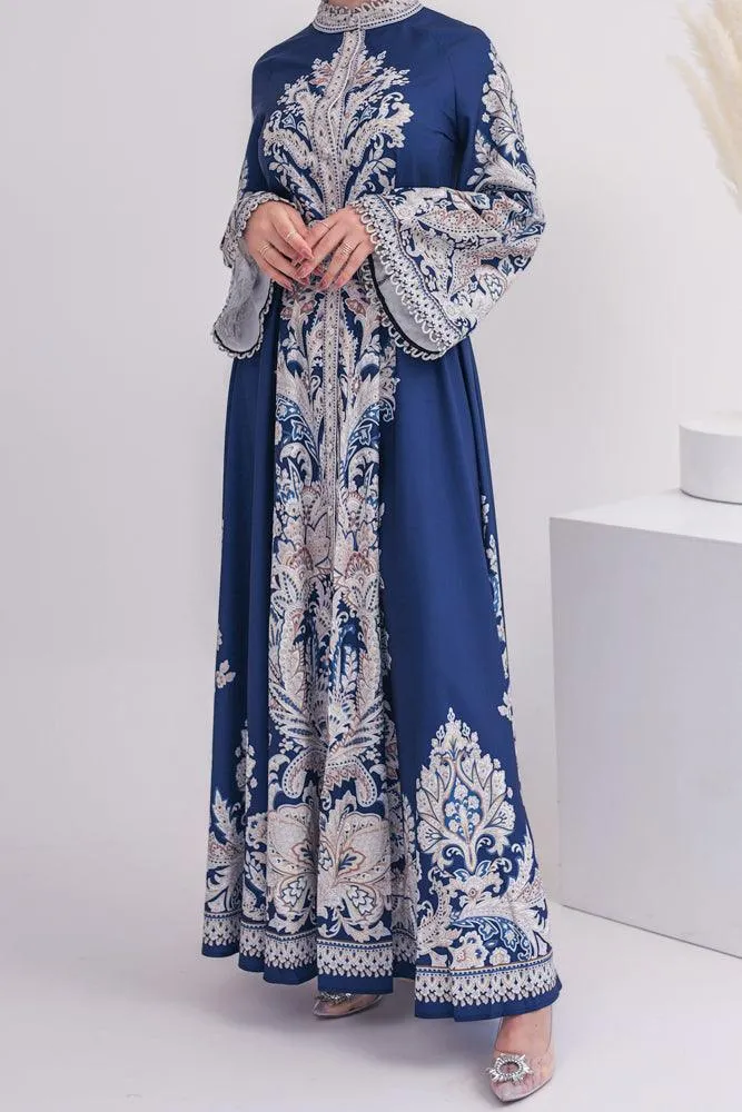 Blue Garden Women's Casual Spring Summer Boho Floral Print Dress High Neck Long Sleeve High Waist Belt Long Maxi