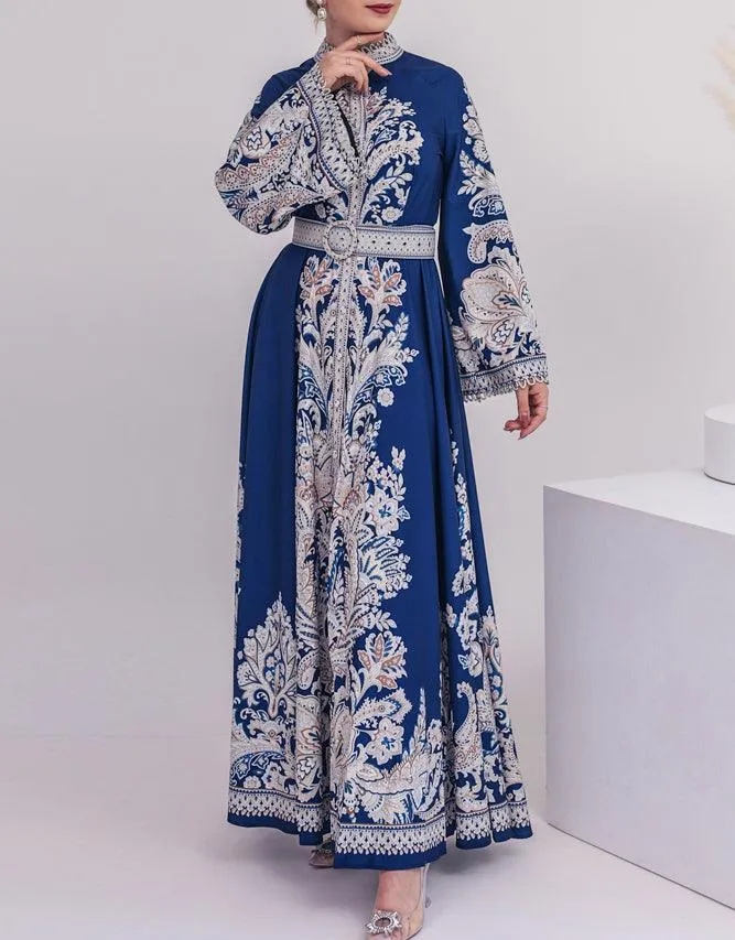 Blue Garden Women's Casual Spring Summer Boho Floral Print Dress High Neck Long Sleeve High Waist Belt Long Maxi