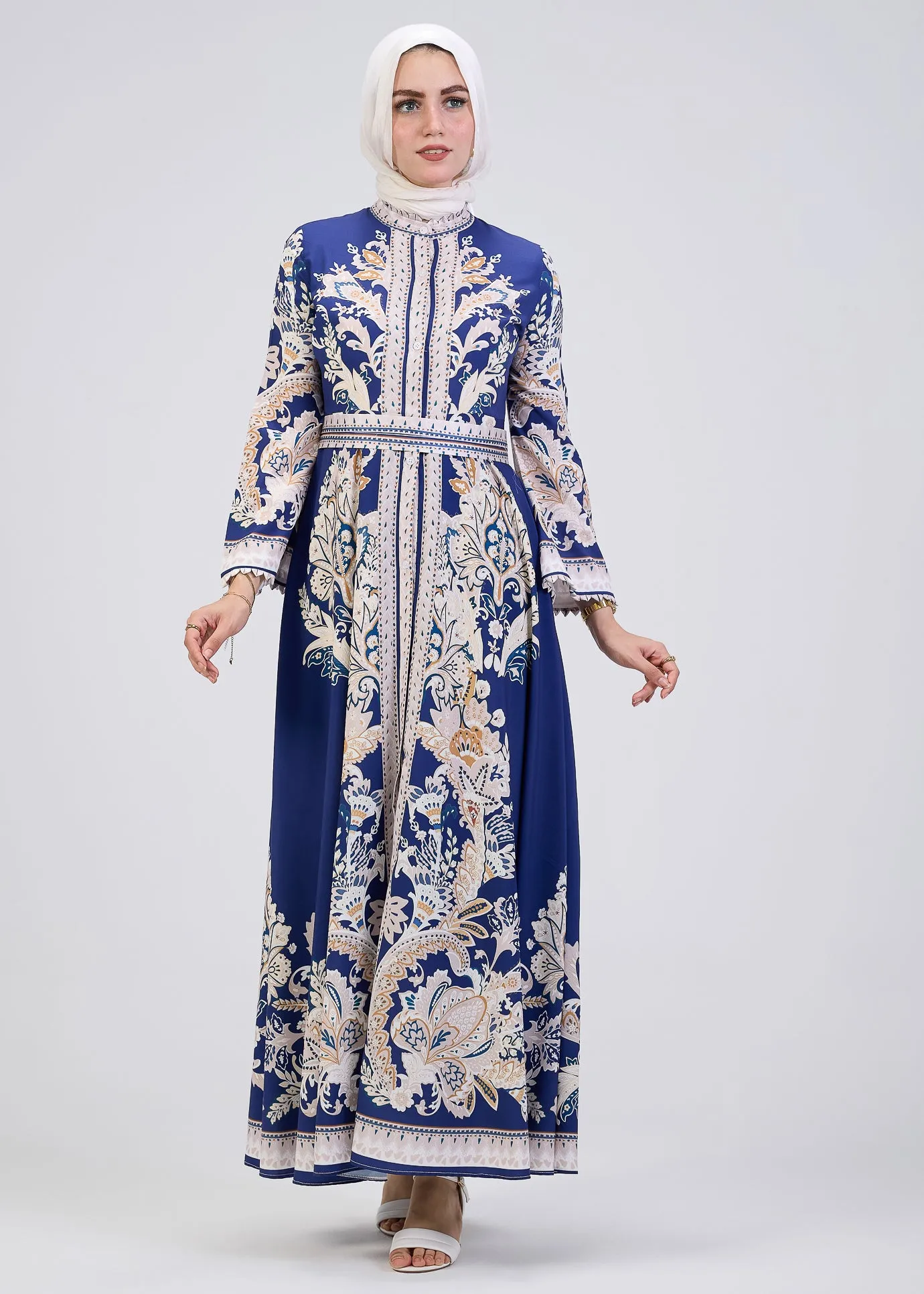 Blue Garden Women's Casual Spring Summer Boho Floral Print Dress High Neck Long Sleeve High Waist Belt Long Maxi