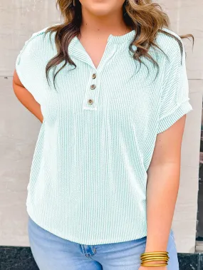 Blue Ribbed Henley Shift Tee for Plus Size Women