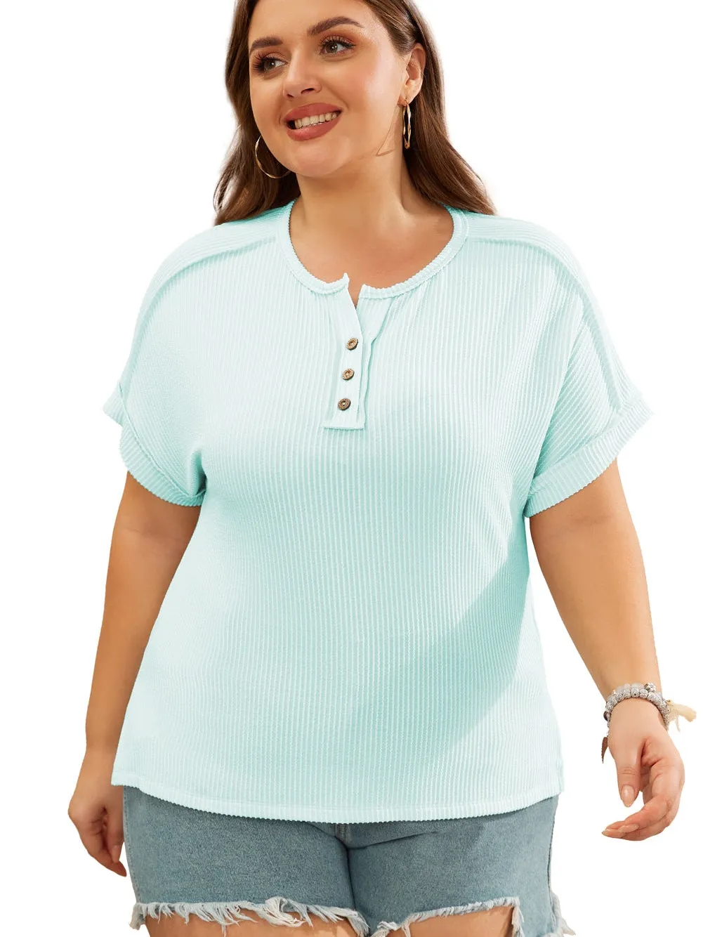 Blue Ribbed Henley Shift Tee for Plus Size Women